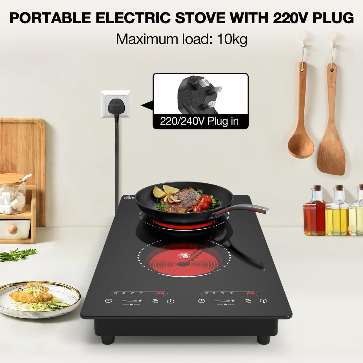 VBGK 2 Ring Electric Hob with Knob, 220V 3000W Double Ceramic Hob, 9 Power Levels, Kids Lock & Timer, Hot Surface Indicator, Overheat Protection, Knob and Touch Control Double Electric Hob