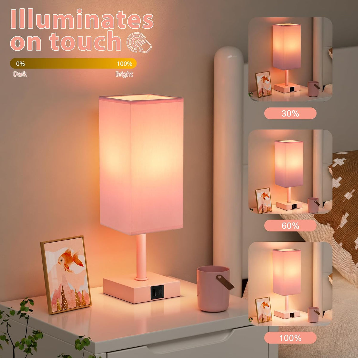 Pink Touch Lamp, Bed Lamp with Dual USB Charging Ports, Pink-Base (Bulb Included)