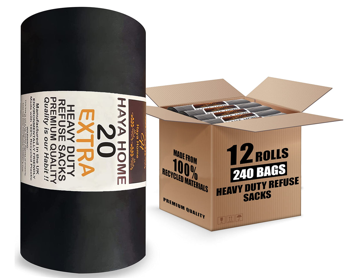 Haya Home 50L 50 Bin Bags Heavy Duty Bin Liners, Black Plastic Refuse Sacks large Garbage Waste Dustbin Bags for Kitchen Home Office DIY Garden from 100% Recycled Material