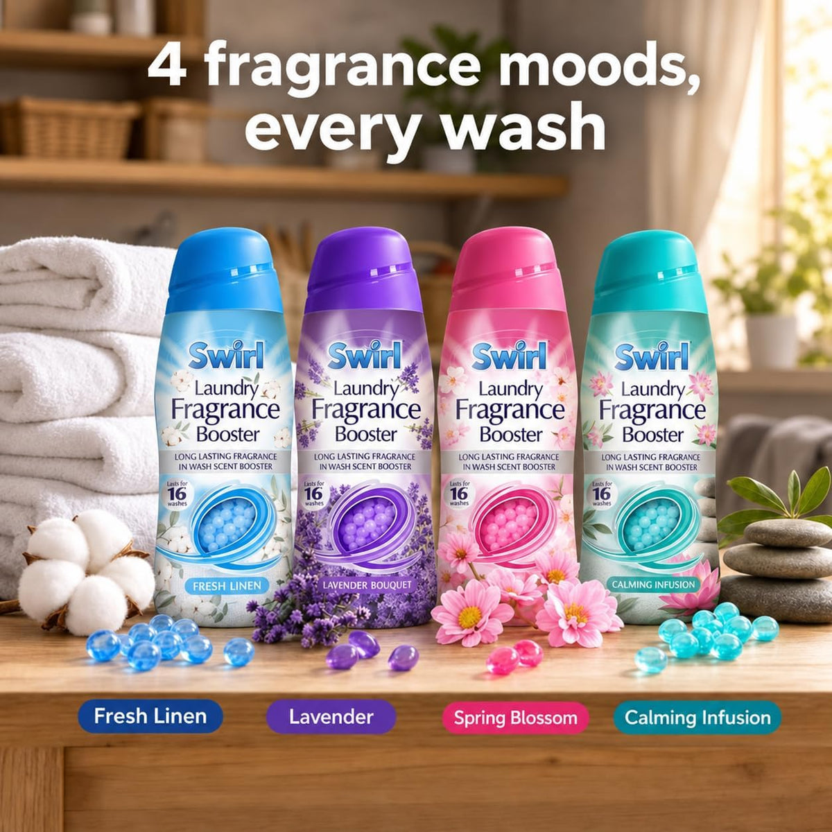 Laundry Scent Booster Beads for Laundry 4 x 350g – Wash Laundry Perfume Fragrance Booster, Long Lasting Washing Beads for Clothes & Washing Machine – Fresh Linen, Spring Blossom, Lavender & Calm