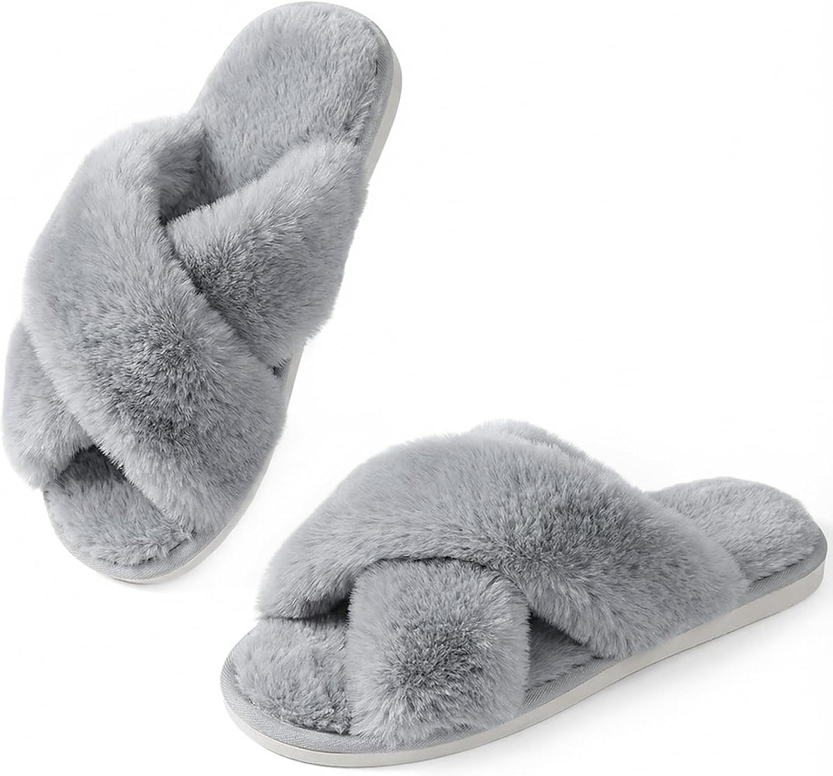 Ankis Women Slippers Fluffy Slippers Memory Foam, Cross Band Furry Open Toe Slippers Cozy Plush Home Shoes Indoor Outdoor Anti-Slide Slipper
