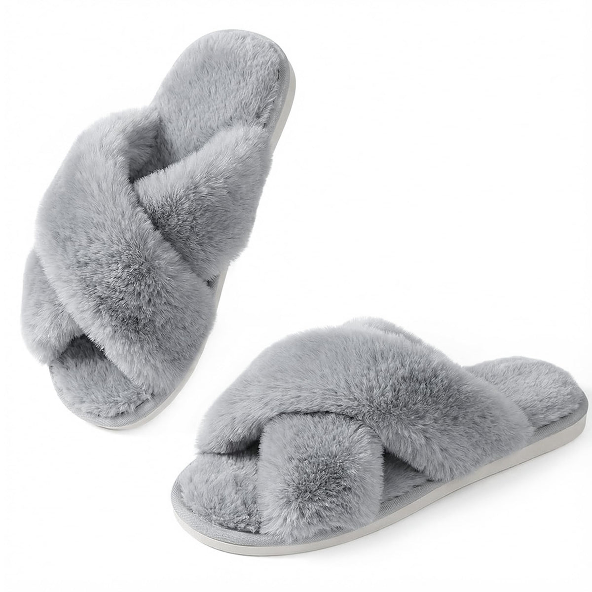 Ankis Women Slippers Fluffy Slippers Memory Foam, Cross Band Furry Open Toe Slippers Cozy Plush Home Shoes Indoor Outdoor Anti-Slide Slipper