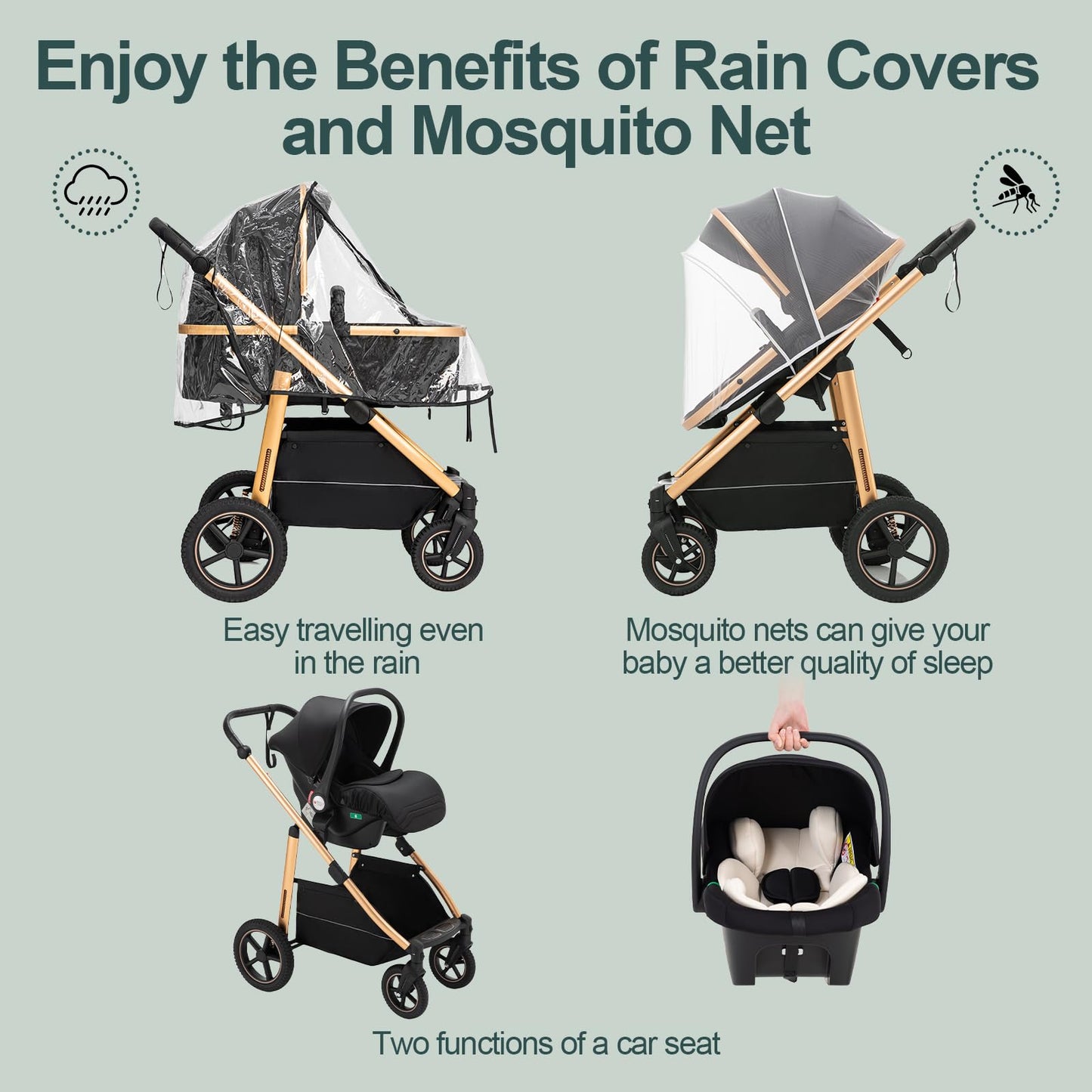 Baby Stroller 3 in 1,Travel Pushchair's Lie-Flat Pram is Foldable, Stroller System Handle is Adjustable, The Wheels are Made of PU Material, Suitable for 0-3 Years-Khaki