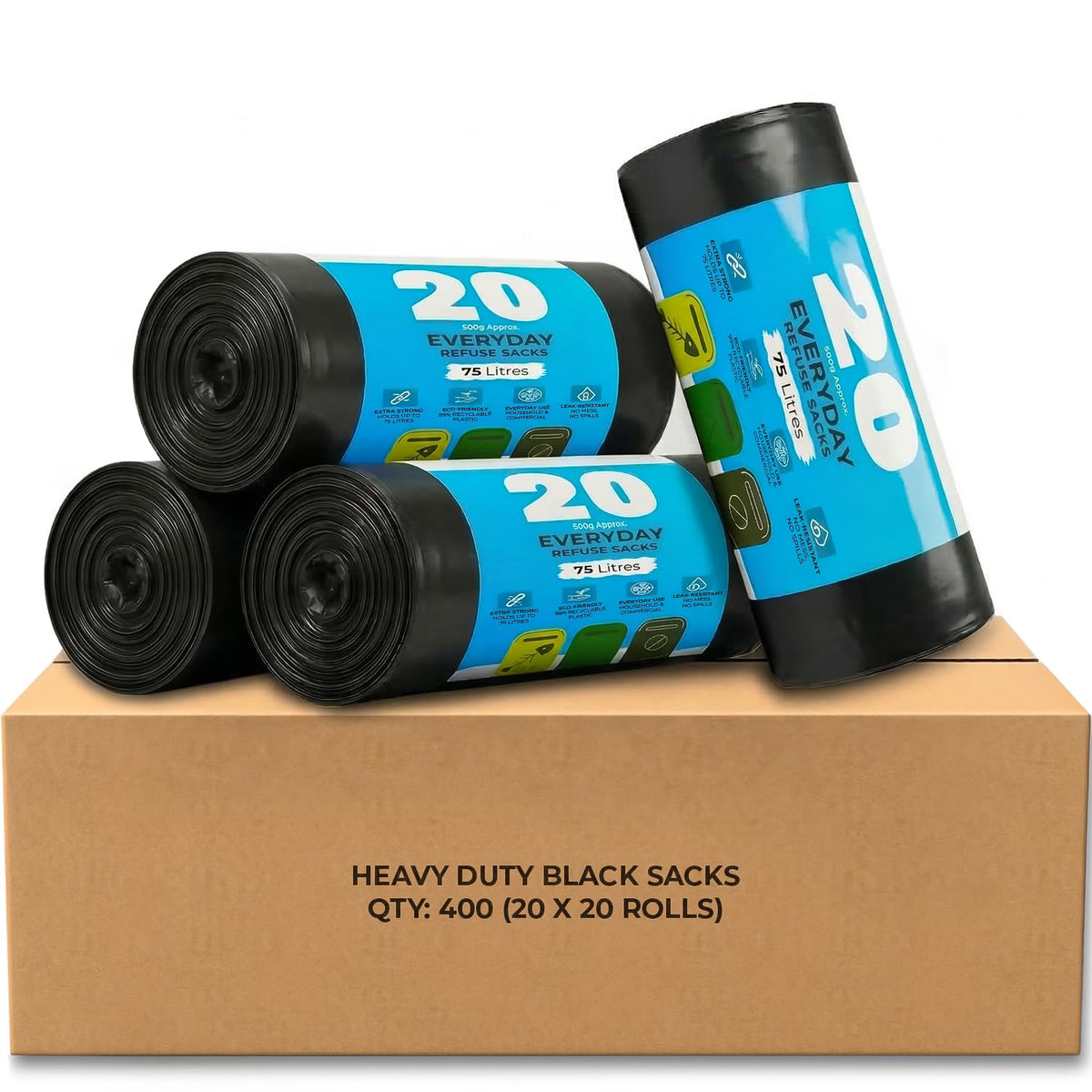 Roe Tenpo 100 Pack Heavy Duty Black Bin Bags – 100L, 33 μm Recyclable Refuse Sacks, Leak-Proof Bin Liners – Rubbish Bags for Kitchen, Home, DIY & Garden, Household, Office & Catering