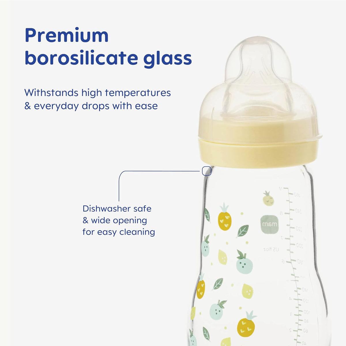 MAM Glass Bottle, 2X 260ml, with SkinSoft Silicone Teat, Yellow