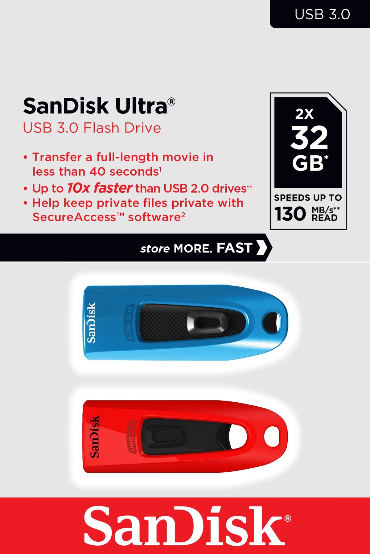 SanDisk Ultra 32 GB USB Flash Drive USB 3.0 Up to 130 MB/s Read - Twin Pack, Red/Blue (Pack of 5)