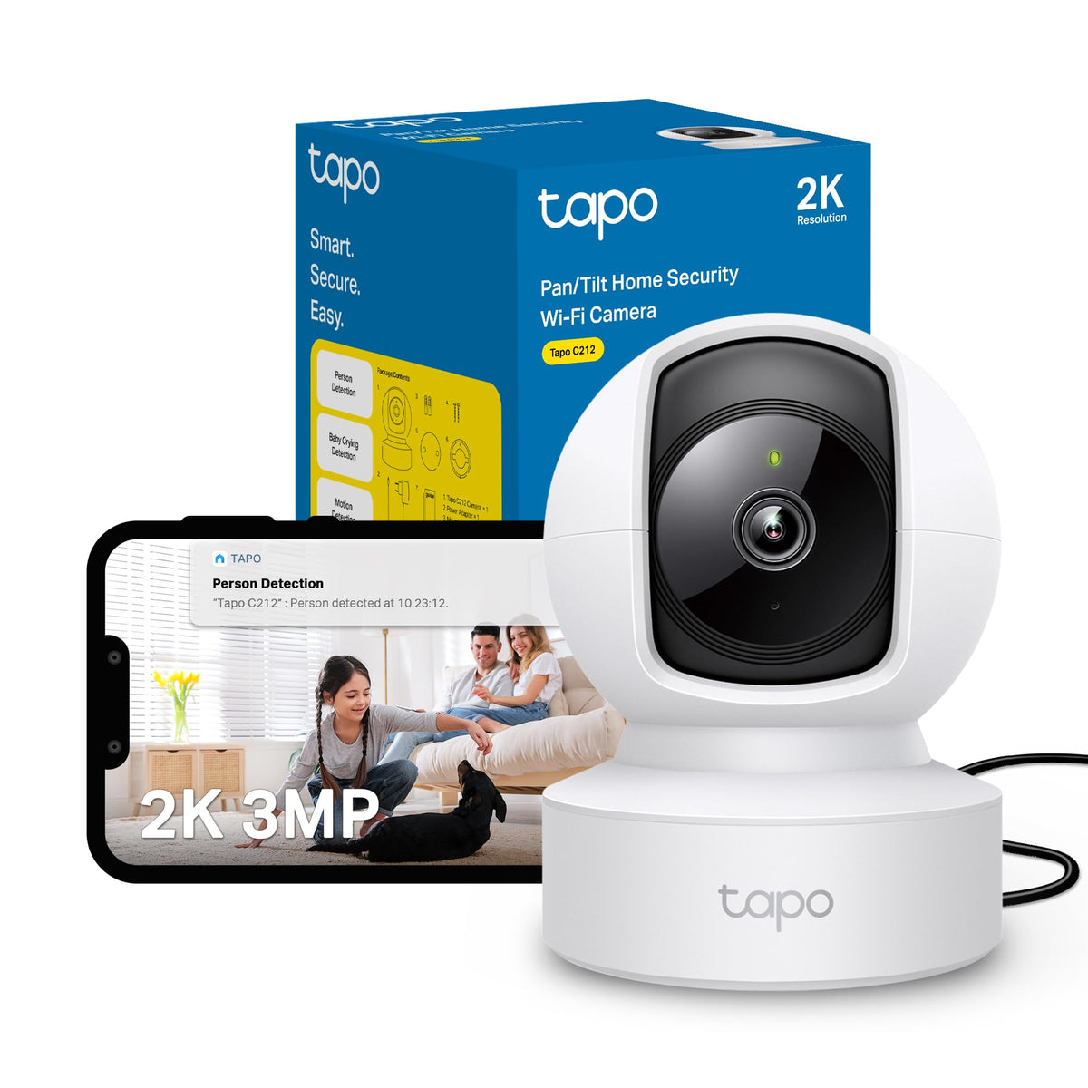 Tapo TP-Link 2K Pan Tilt Security Camera for Baby Monitor, Dog Camera w/Motion Detection, 2-Way Audio Siren, Night Vision, Cloud &SD Card Storage (Up to 256 GB), Works with Alexa & Google Home (C210)