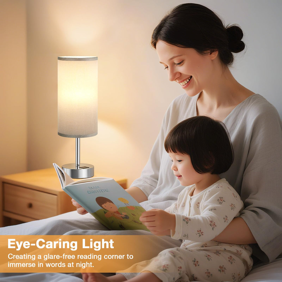 Aooshine Grey Table Lamp, 3-Way Dimmable, USB A + C Charging
