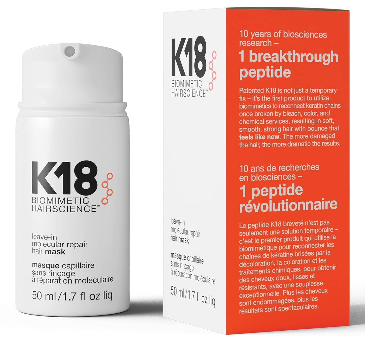 K18 Leave-In Molecular Hair Mask, Repairs Dry or Damaged Hair, Reverse Hair Damage from Bleach, Colour, Chemical Services & Heat