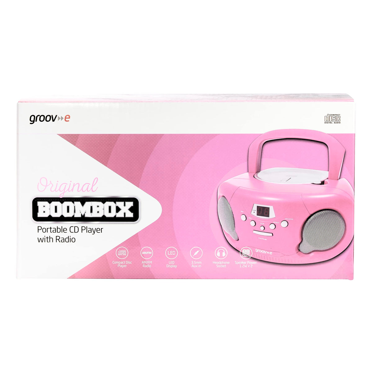 Groov-e Original Boombox - Portable CD Player with Bluetooth, Radio, 3.5mm Aux Port, & Headphone Socket - LED Display, 2 x 1.2W Speakers - Battery or Mains Powered - Black