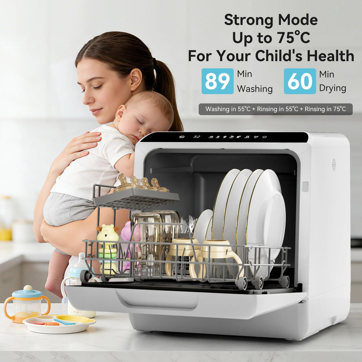 Hermitlux Table Top Dishwasher, Mini Countertop Dishwasher with 4 Place Settings, 5L Built-in Water Tank, 6 Programmes, Touch Control, Baby Care and Fruit Wash, White