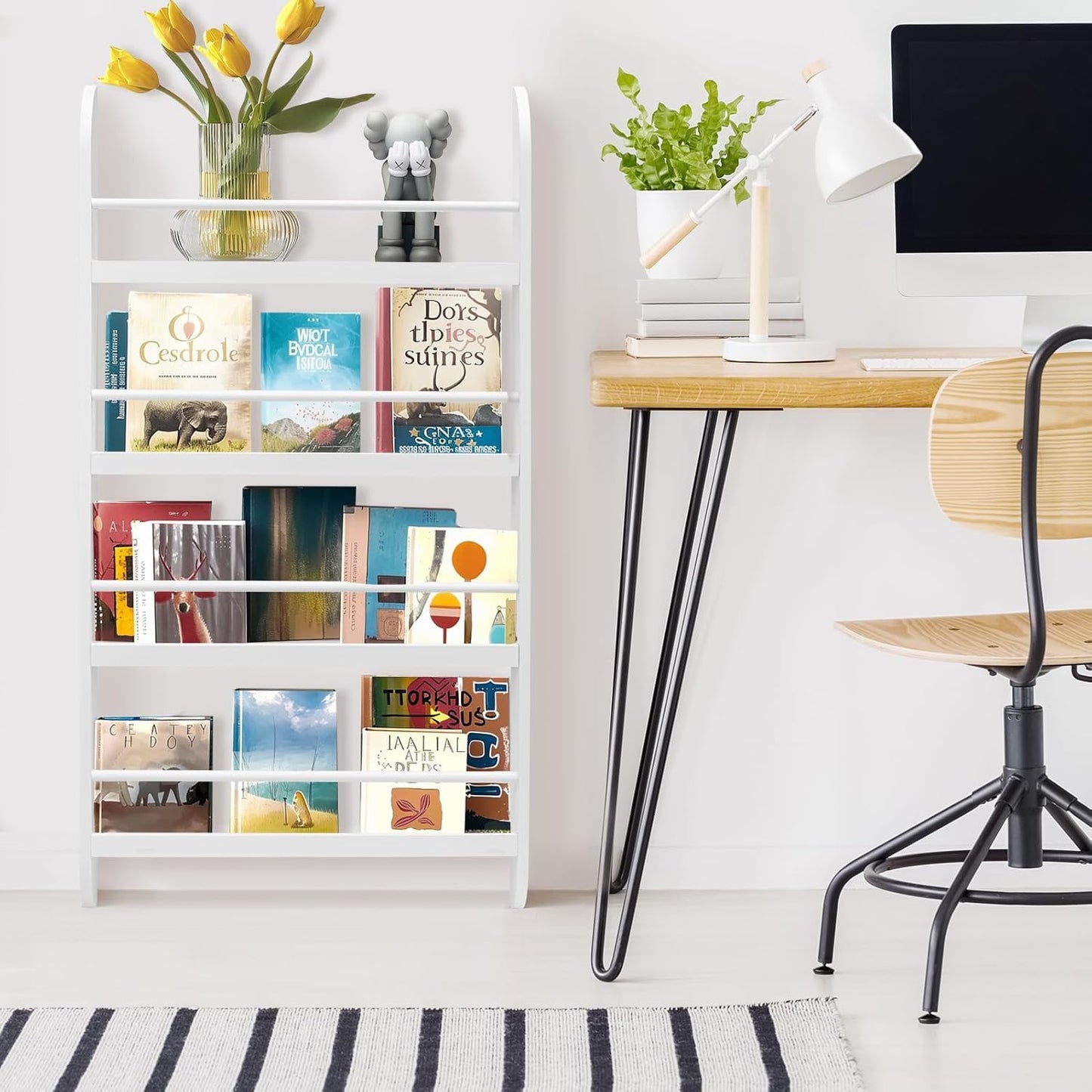 Kids Bookcase Modern Childrens Bookcase 4-Tier Book Shelf Display Rack Book Shelf Kids Room 10 CM Depth Suitable for Children's Children's Room School 116.5x60x 10CM White