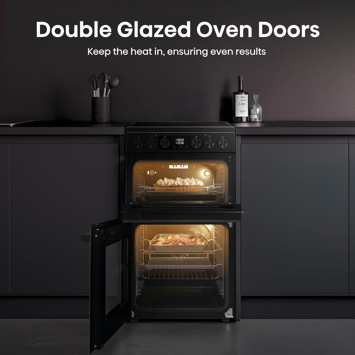 Hisense HDUKC60W 60cm Electric Cooker with Ceramic Hob-White, A Rated Double Oven 50L/80L [Energy Class A]