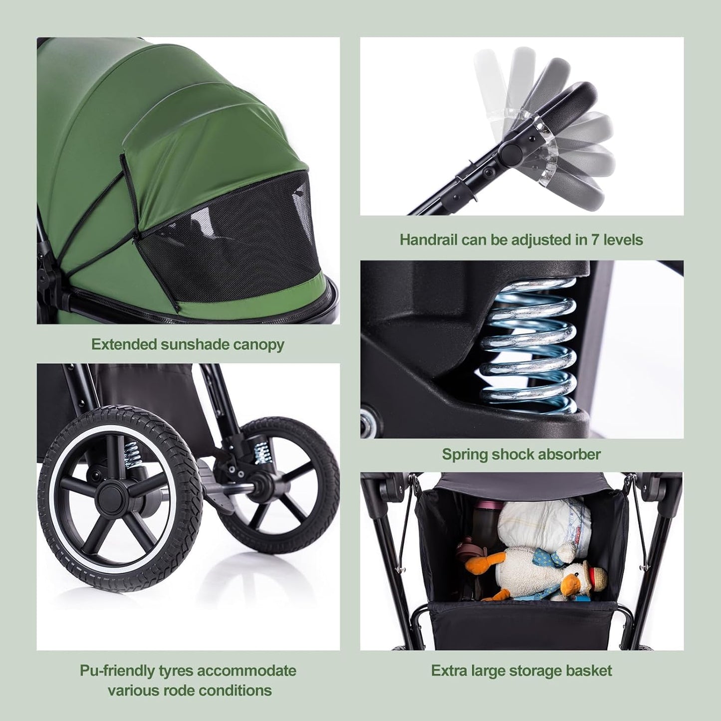 Gcarebb 3 in 1 Prams Travel System, Pushchair with Height Adjustable Handle, Travel Pram with Rain Cover, Baby Stroller with Aluminum Frame for Newborn