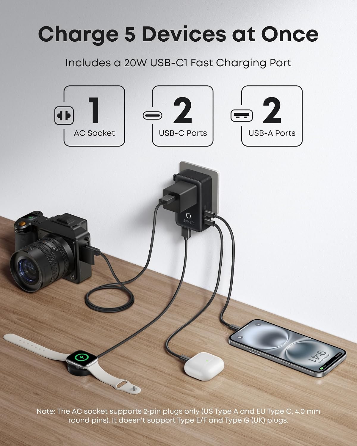 Anker Universal Travel Adapter 5-in-1 for UK/EU/US/AU, 20W USB-C + 4 USB Ports, Compact Power Plug Converter with AC Socket for 200+ Countries | Ideal for UK Travel & EU Expats (Black)