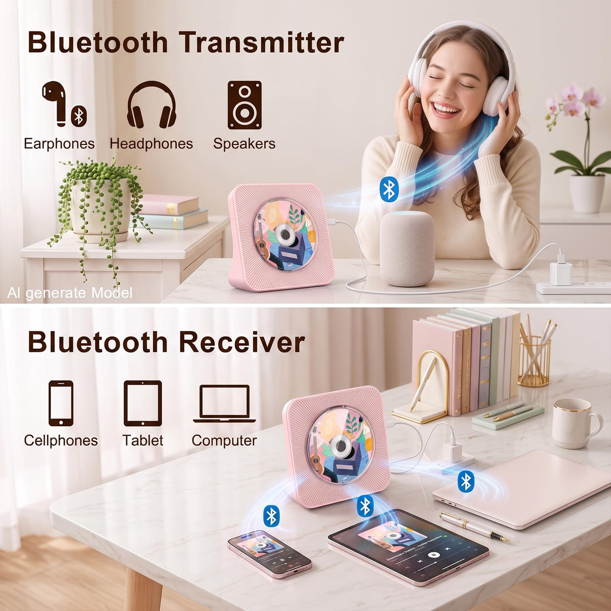 Portable CD Player with Bluetooth, Gueray Desktop CD Players for Home, Bulit-in Double HiFi Speakers, AUX&Headphone Jack, FM Radio Boombox with Remote Control, USB Port,LCD Display (Blue)