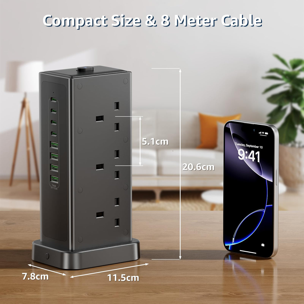 Tower Extension lead with USB Slots,6 Way Plug Extension Socket 3 Metres