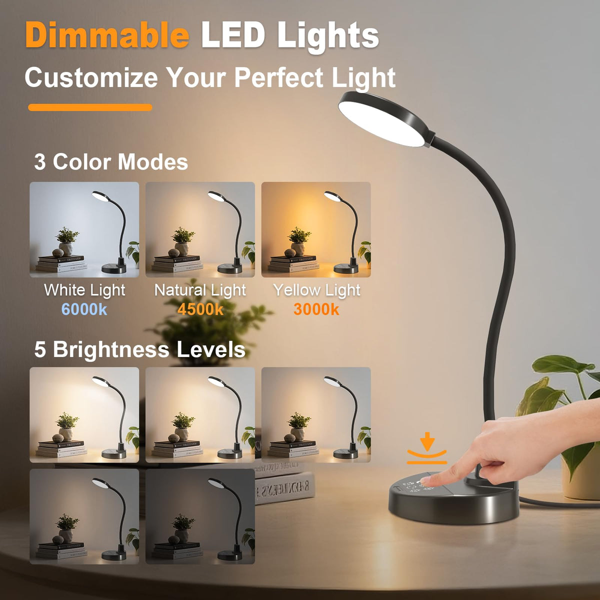 60 LED Desk Lamp with USB Charging Ports – Dimmable Table Lamp with 3 Color Temps, 5 Brightness, 4 Timers, 15W Flexible Gooseneck Light with Base, Eye-Caring Reading Light for Home Office, Bedroom