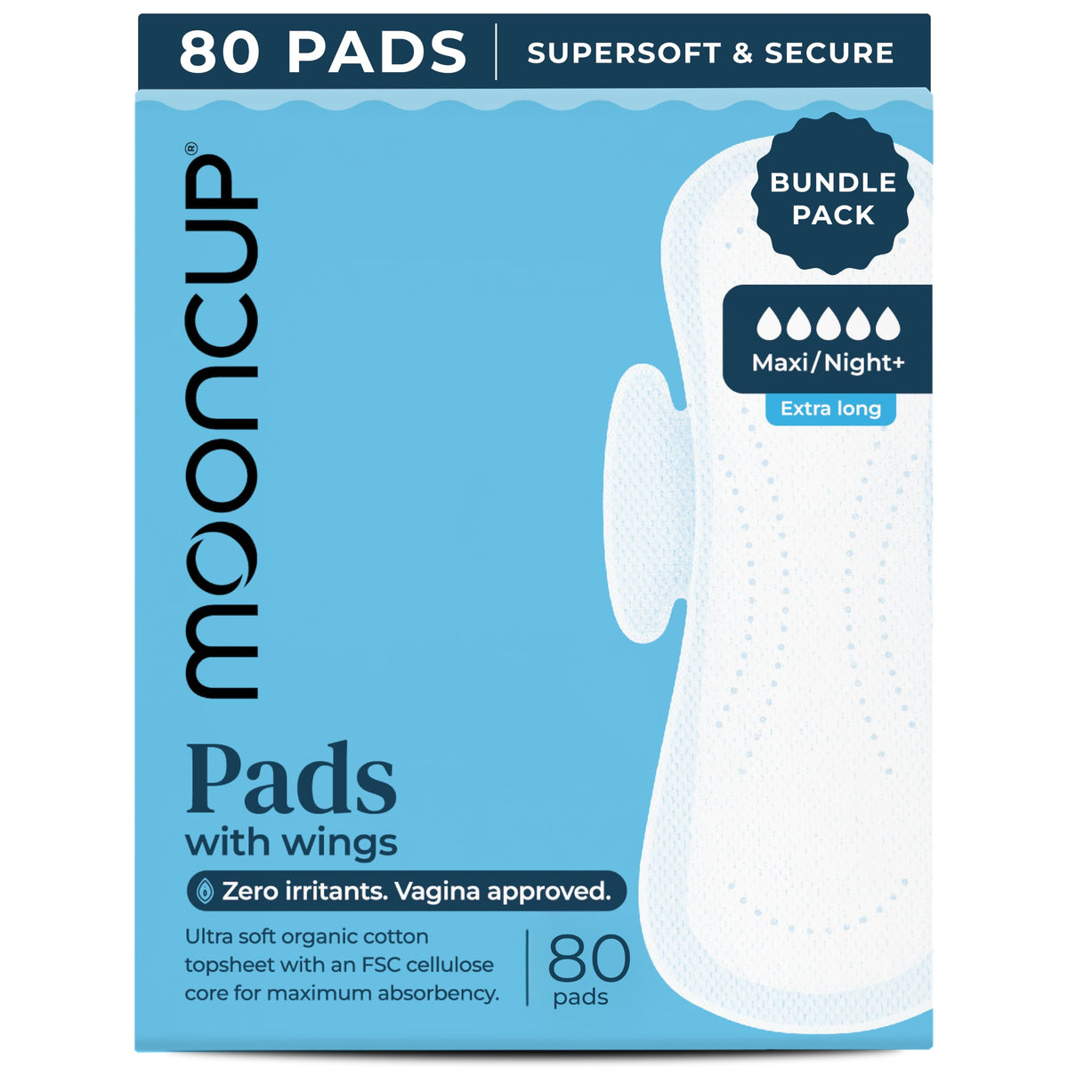Mooncup Pads with Wings - Biodegradable Pads Made with Organic Cotton for Irritation-Free Period Care - Leakproof, Plastic-Free, Highly Absorbent Protection for Sensitive Skin - (20) Heavy/Night