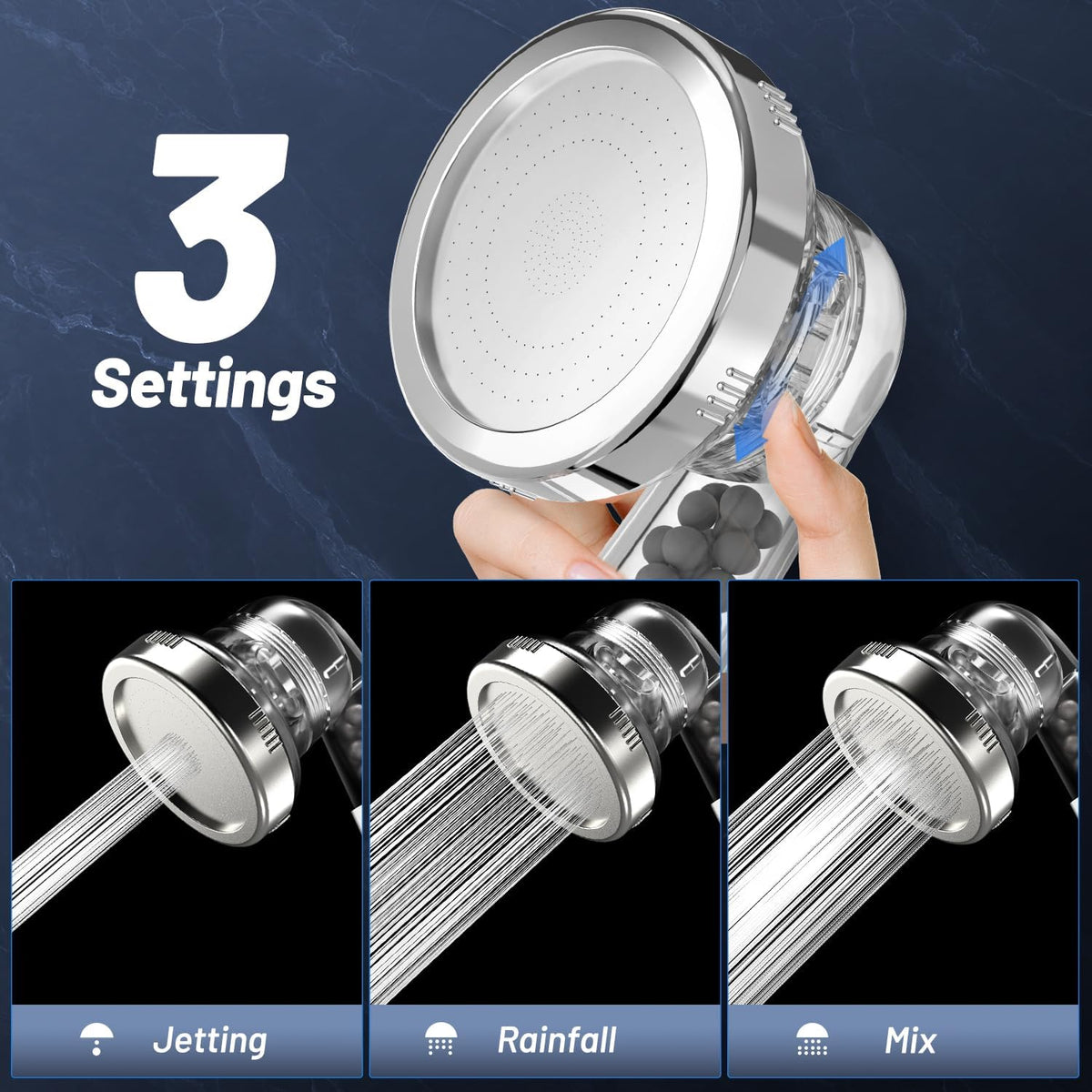 VEHHE High Pressure Shower Head with Filter Beads, 3 Spray Modes