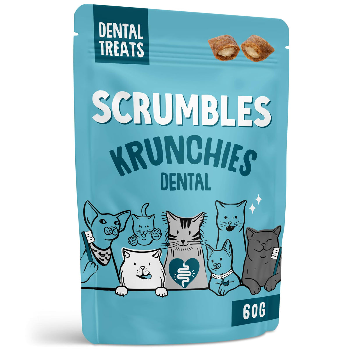 Scrumbles • Cat Treats • Krunchies • Calming • All Lifestages • 60g Bag • Hypoallergenic • No Added Sugar • Valerian & Chamomile • Gluten Free • Low Calories