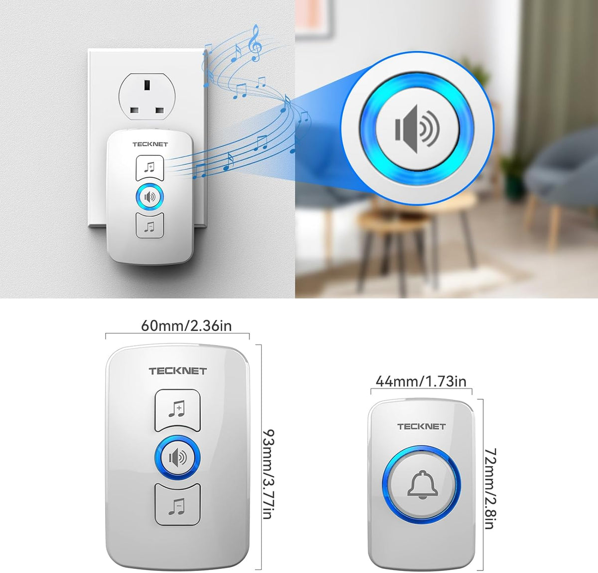 TECKNET Wireless Doorbell, Wall Plug-in Door Bells Wireless Cordless