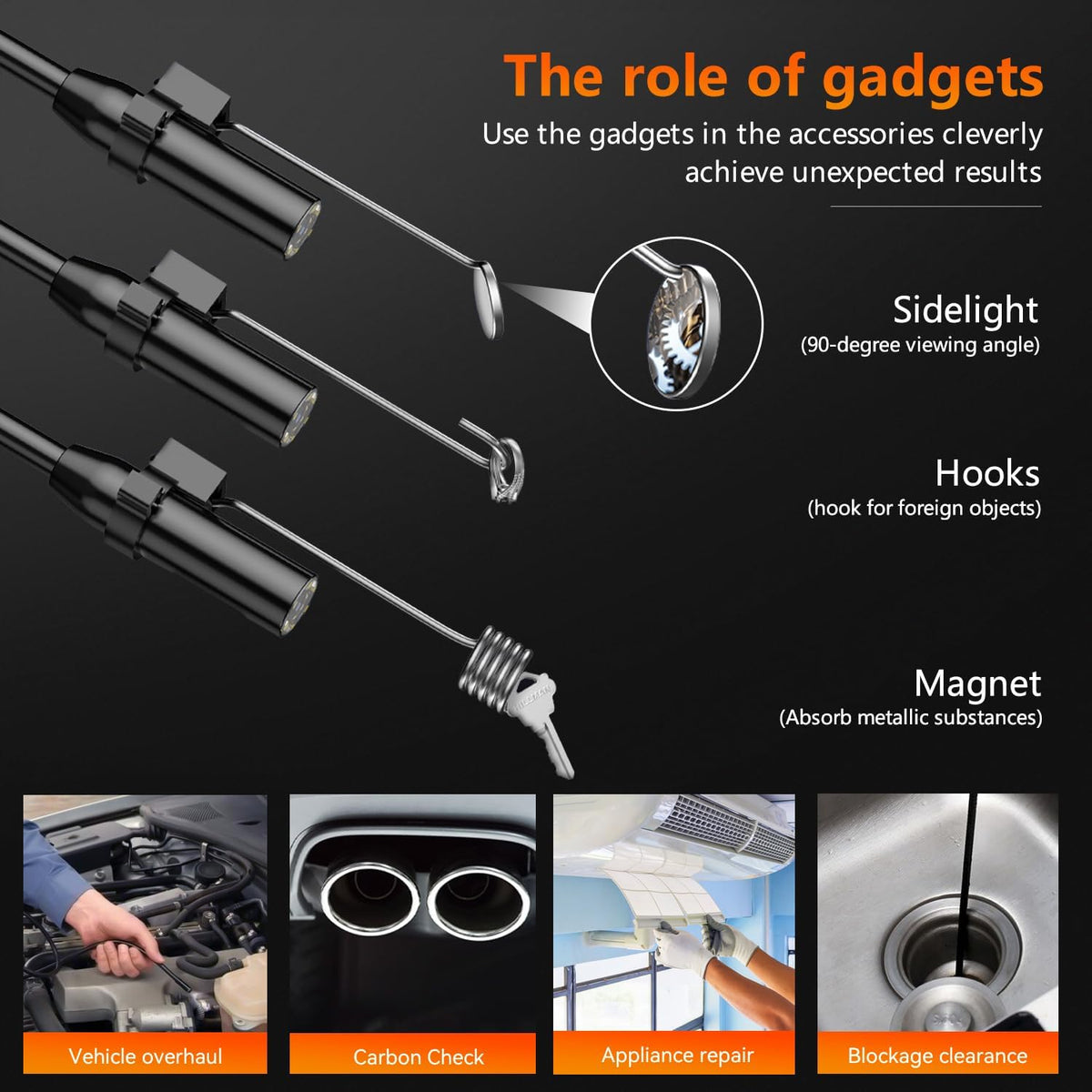 Endoscope Inspection Camera, Qimic 2.4'' IPS Screen Borescope with 8 LED Lights, IP67 Waterproof Endoscope, 1080P HD Snake Camera, 33FT Semi-Rigid Cable, Gadgets for Men