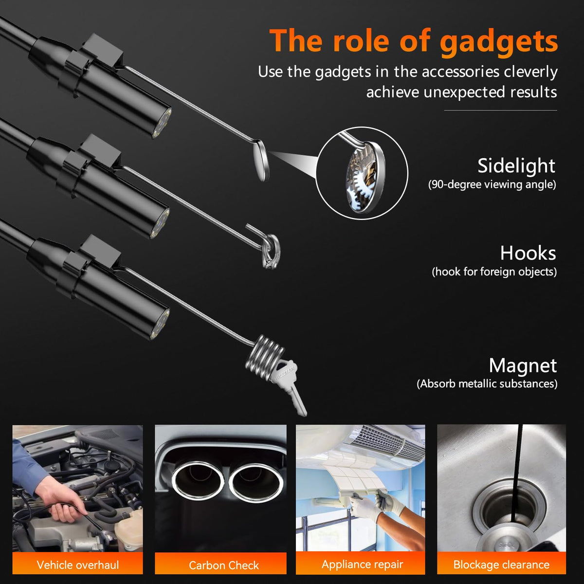 Endoscope Inspection Camera, Qimic 2.4'' IPS Screen Borescope with 8 LED Lights, IP67 Waterproof Endoscope, 1080P HD Snake Camera, 33FT Semi-Rigid Cable, Gadgets for Men