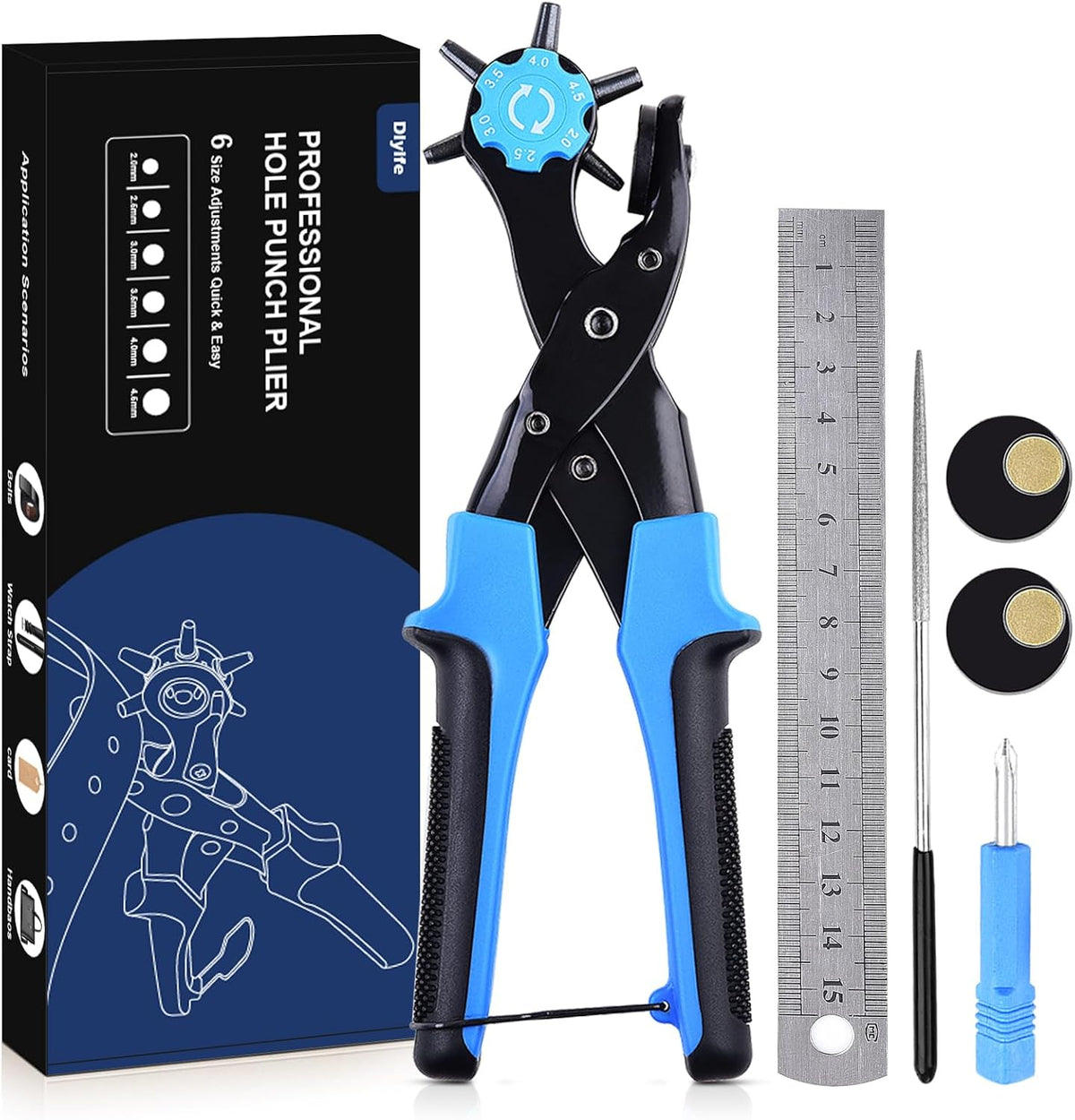 Diyife Belt Hole Puncher for Leather, 6 Sizes, Effortless Dual-Lever Design