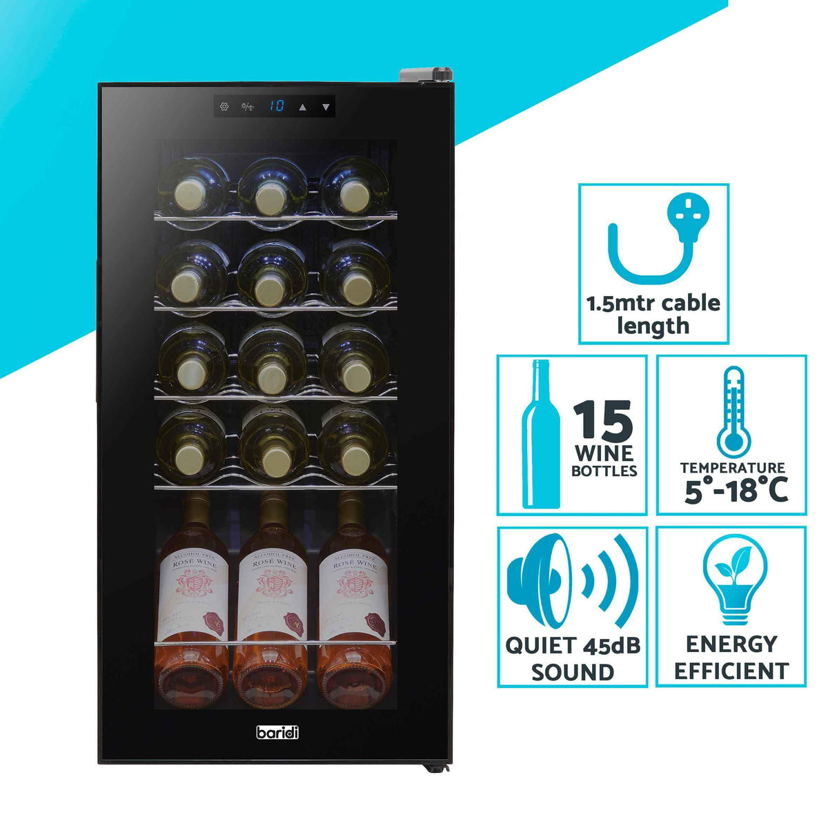 Dellonda Baridi 12 Bottle Wine Fridge with Digital Touch Screen Controls, Metal Shelves & LED Light, Black - DH73