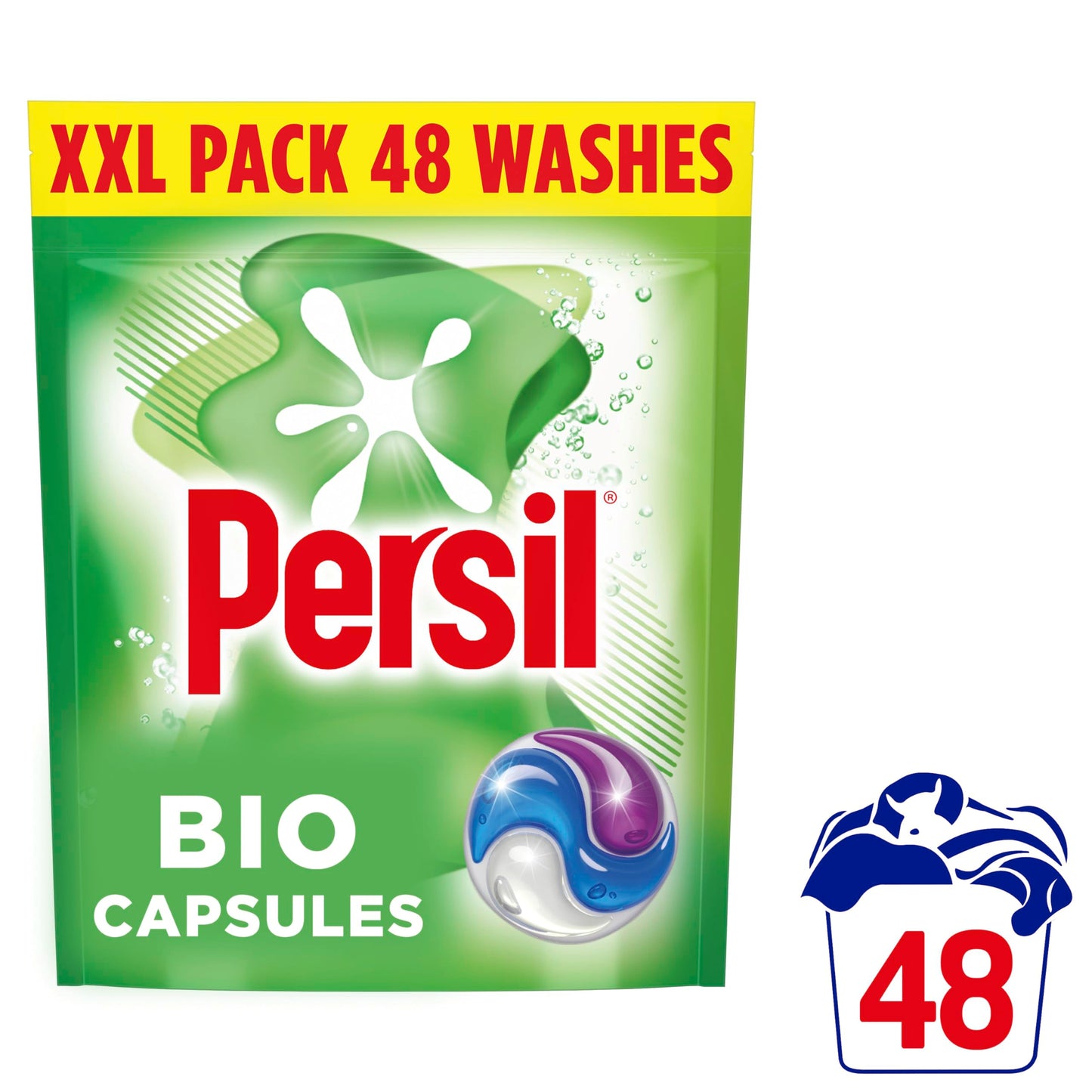 Persil Bio 3 in 1 Washing Capsules 1st time removal of tough stains outstanding stain removal in quick & cold washes 48 washes