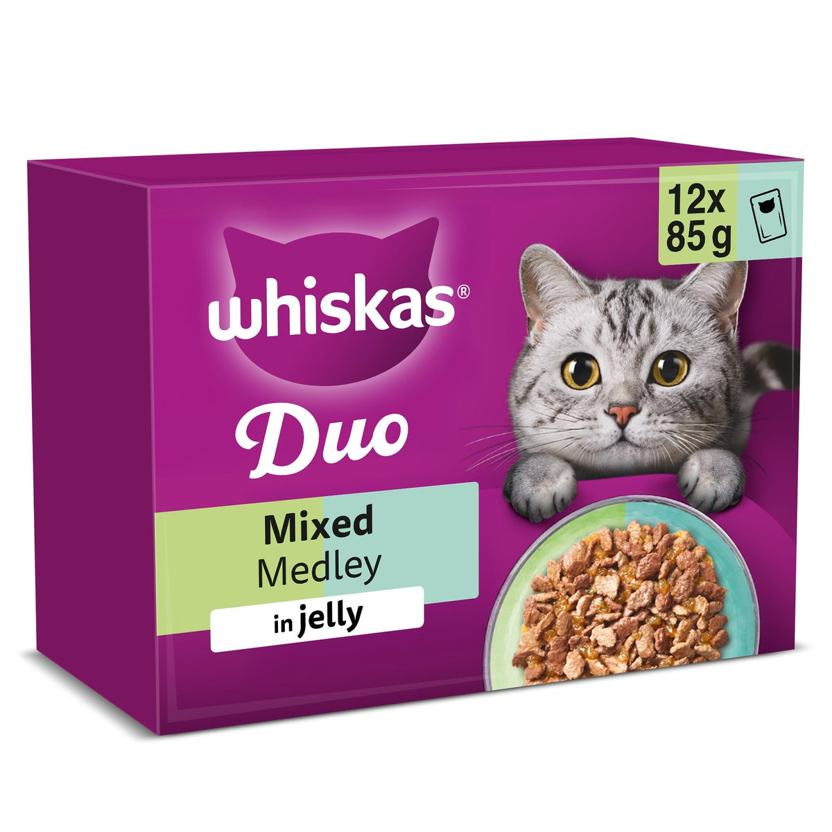 WHISKAS DUO Adult Wet Cat Food in Jelly 12x85g Surf & Turf (Pack of 4)