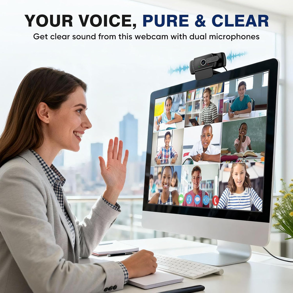 YIMONA FHD 1080P/30fps Webcam for PC/Laptop/Mac, 110° View Webcam with Mics, Privacy Cover, Auto Light Correction, Fixed Focus, Plug&Play USB Web Camera for Live Streaming, Video Calling, Conferences