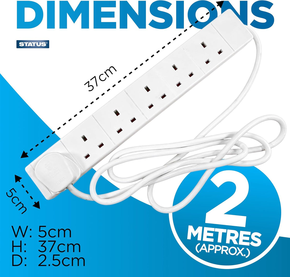 STATUS 6 Socket Extension Lead, 2m Multi-Plug Power Strip for Home, Office or Gaming Set-ups, White (S6W2MS12)
