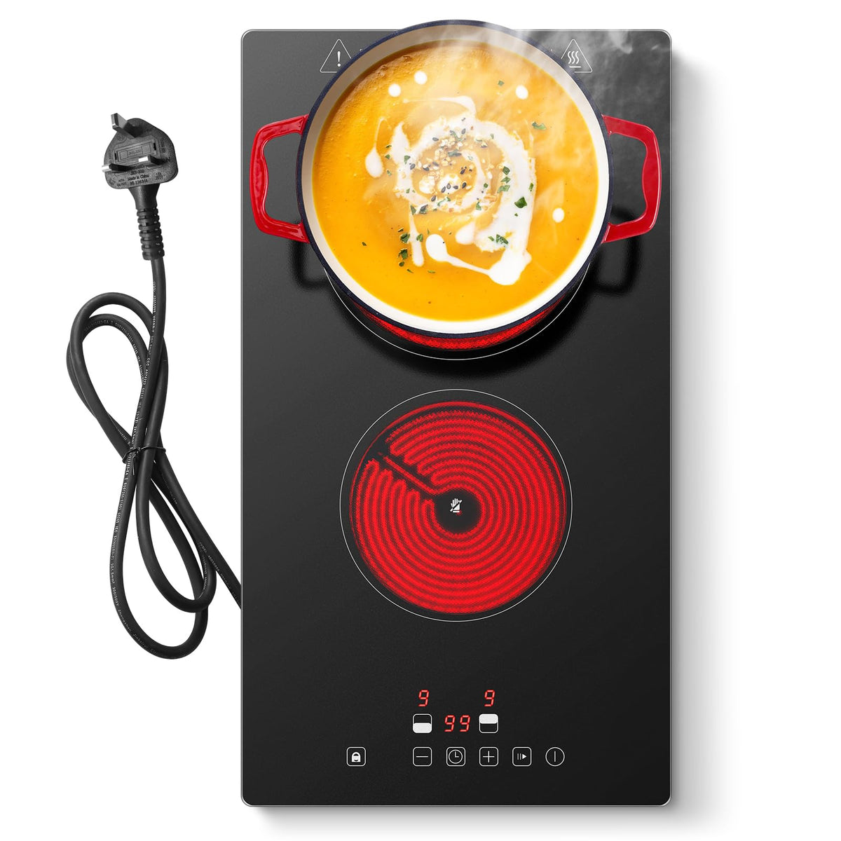 Single Induction Hob 2000W, Portable Induction Cooker with 10 Power & Temperature Levels, Touch Control, Child Lock, 3-Hour Timer, Residual Heat Indicator, Black Glass Panel Electric Hob