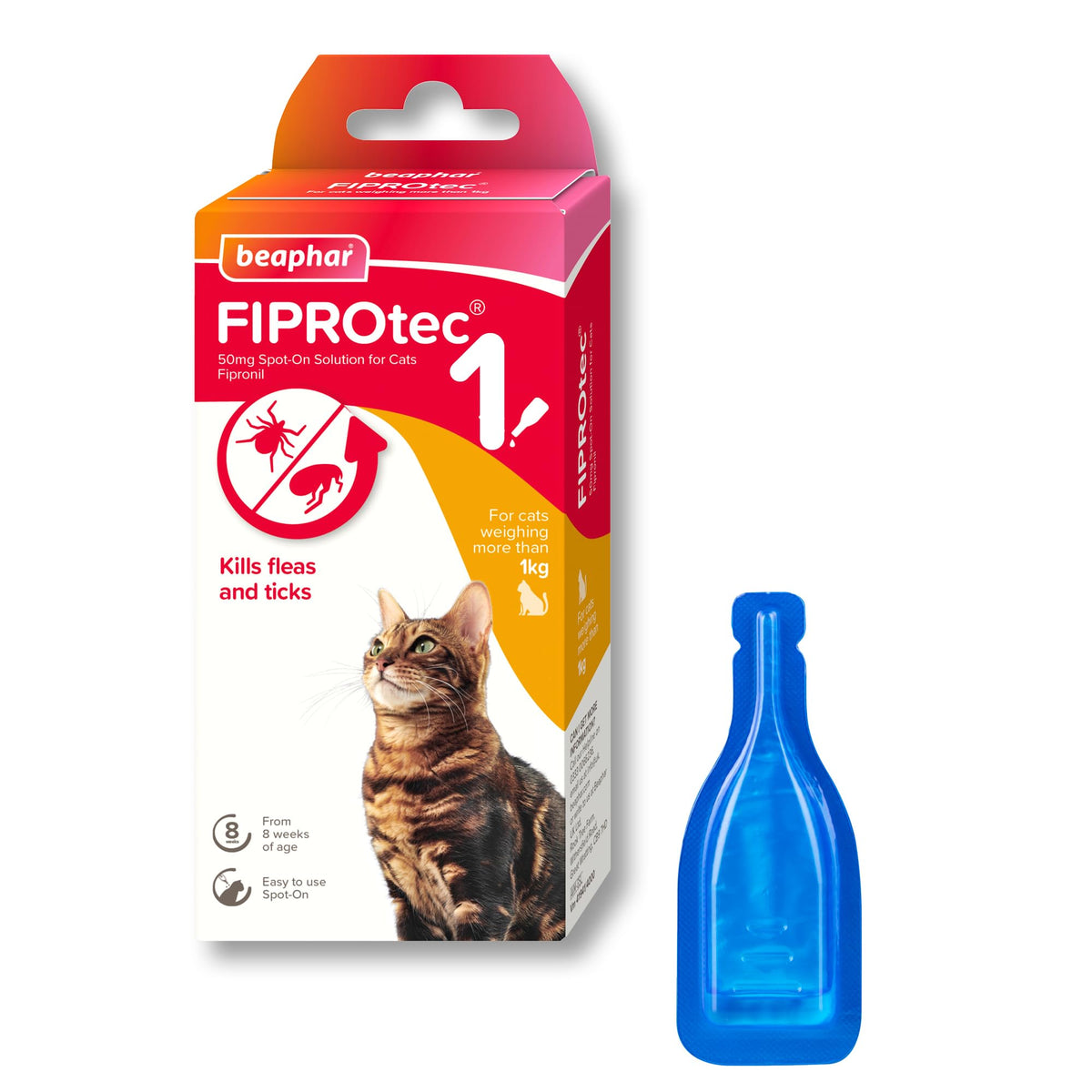 Beaphar - FIPROtec Spot-On Flea & Tick Treatment for Cats - 6 Pipettes - Kills Fleas & Ticks - Veterinary Medicine – Easy to Apply Monthly - For Cats & Kittens from 8 Weeks Old, Weighing Over 1kg
