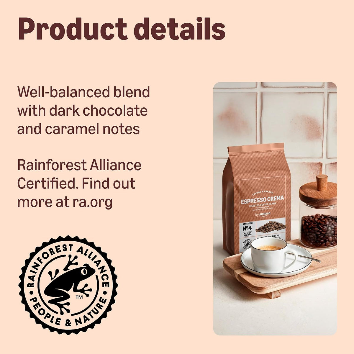by Amazon Espresso Crema Coffee Beans, Light Roast, 1kg (2 Packs of 500g), Rainforest Alliance Certified