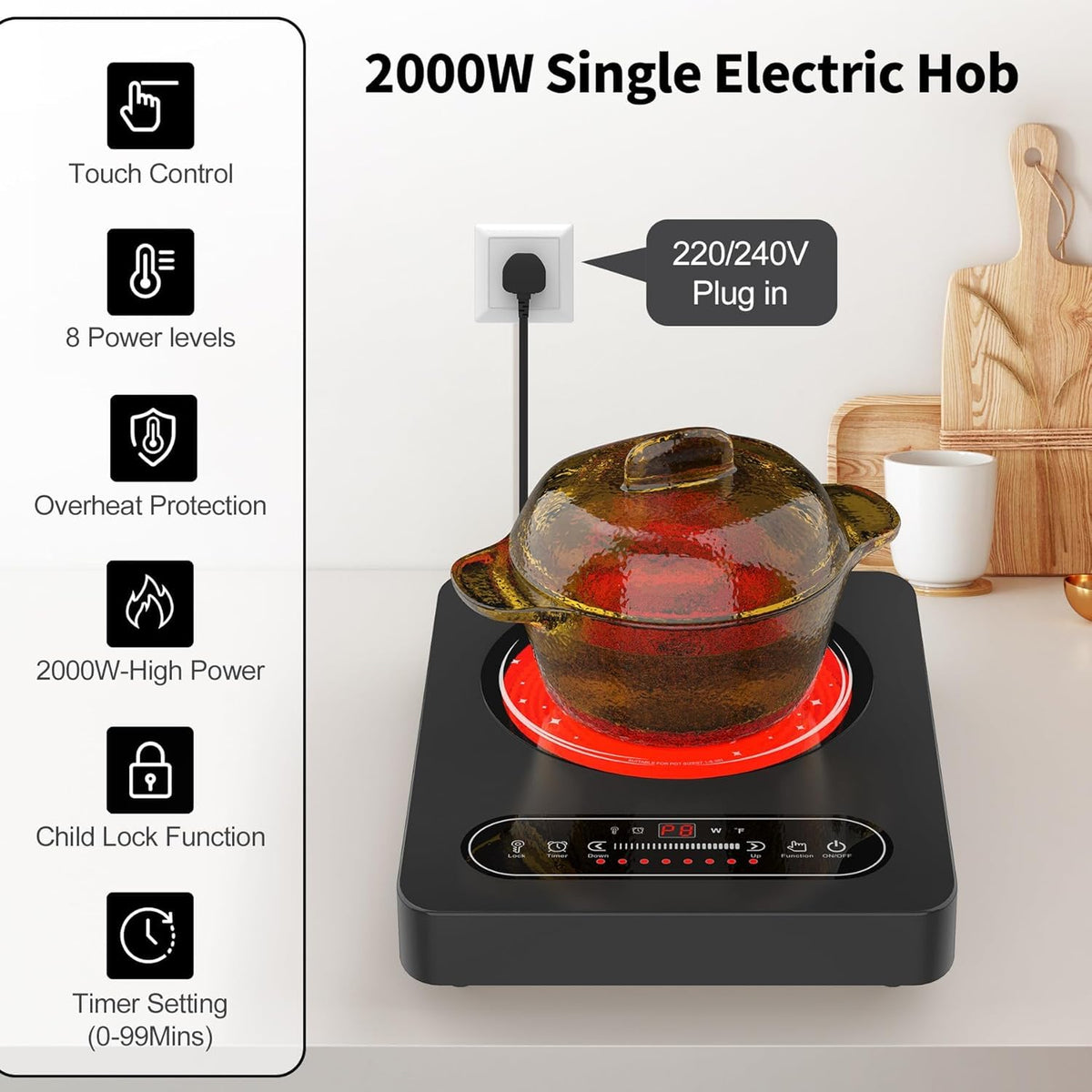 VBGK Portable Ceramic Hob, 2000W Portable Electric Hob, Electric Ceramic Hob, Single Cooking Zone with LED Display, 4-Hours Timer, Safety Lock, Residual Heat Indicator