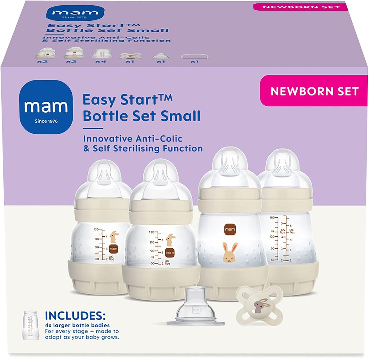 MAM Easy Start Anti-Colic Bottle Starter Set | Includes 4X Feeding Bottles and MAM Original Start 0-2 Month Soother | Self-Sterilising | Baby Gift Set of Newborn Essentials | White (Various Designs)