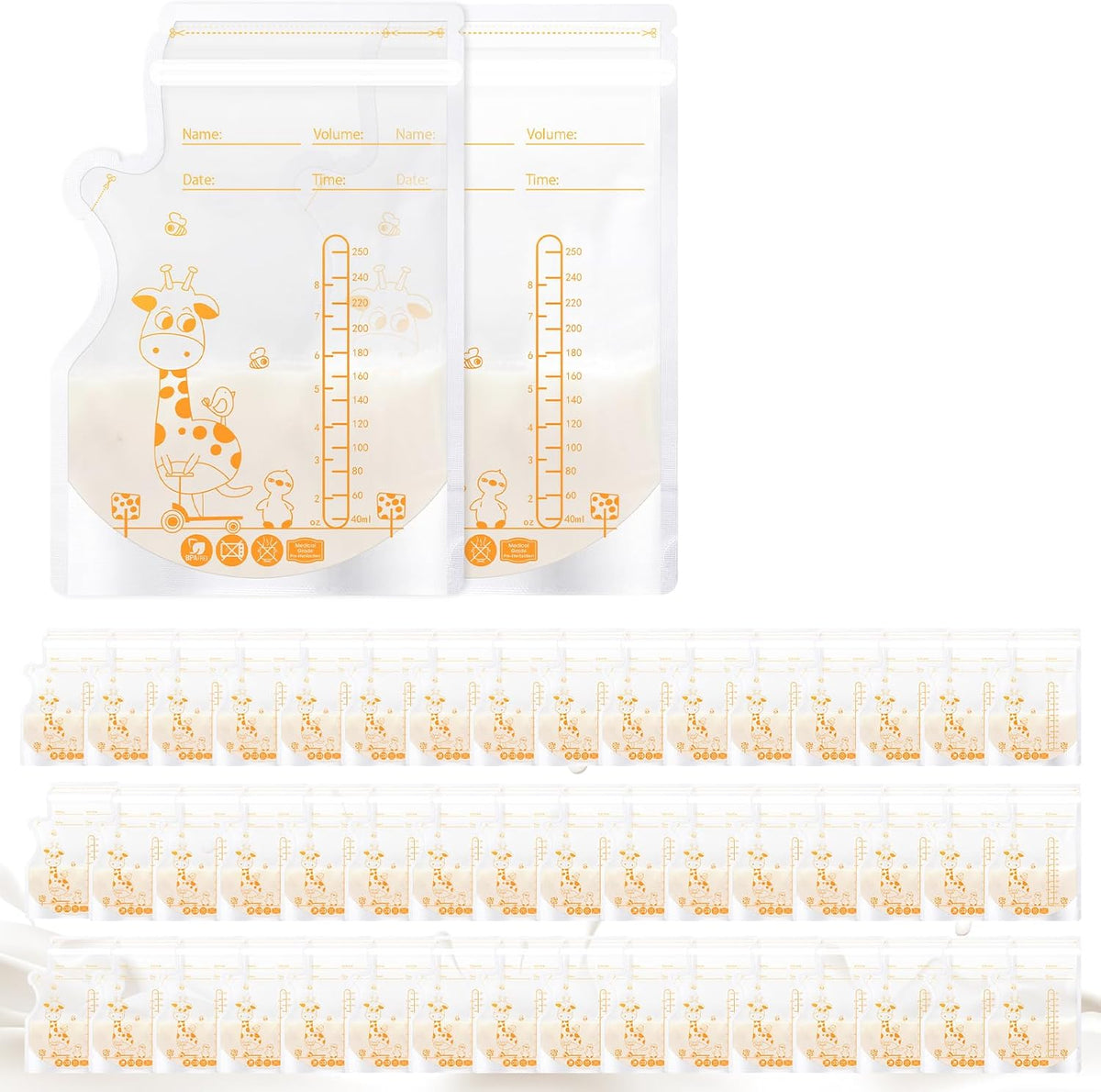 Oderra 250/180ml Breast Milk Storage Bags 50/ 100PCS- Pre-Sterilized Freezer-Safe Breastmilk Bags with Built-In Pour Spout, Double Zip Seal, Hospital Bag Maternity Essentials