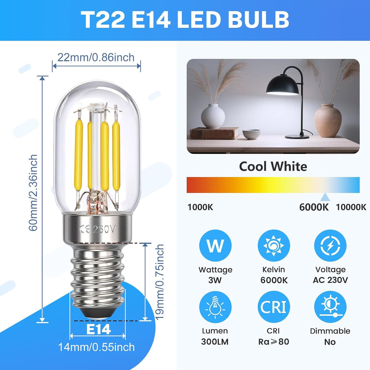 E14 Cooker Hood Light Bulbs Cool White 6000K, 400LM, 230V, T25 LED 4W Replacement for E14 Tubular Bulb 40W 28W, Small Screw Extractor Fan Bulbs, ses Retro Filament LED, Not Dimmable, pack of 2