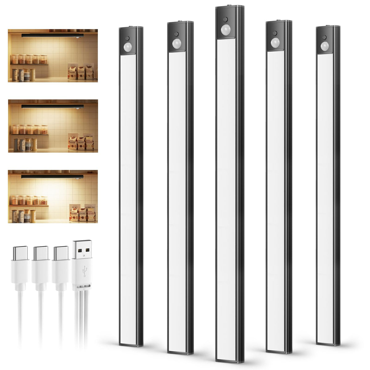 daphomeu 5 Pack Rechargeable Under Cupboard Kitchen Lights, 20CM Dimmable Warm Cabinet Light, LED Motion Sensor Lights Indoor, Magnetic Stick Light for Kitchen Shelf Stairs Wardrobe
