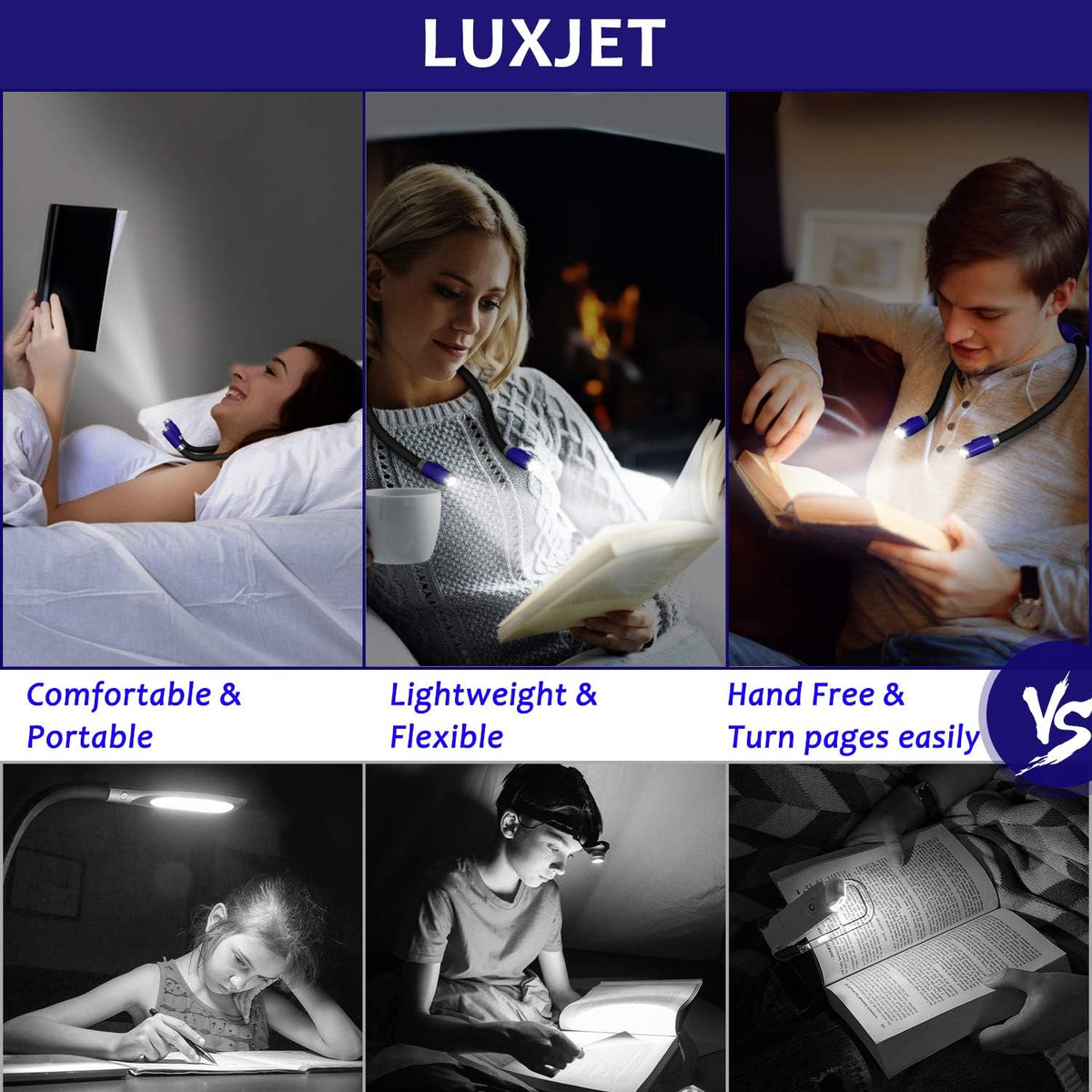 LUXJET Rechargeable Neck Book Light Night Lamp for Reading (Dark Blue)