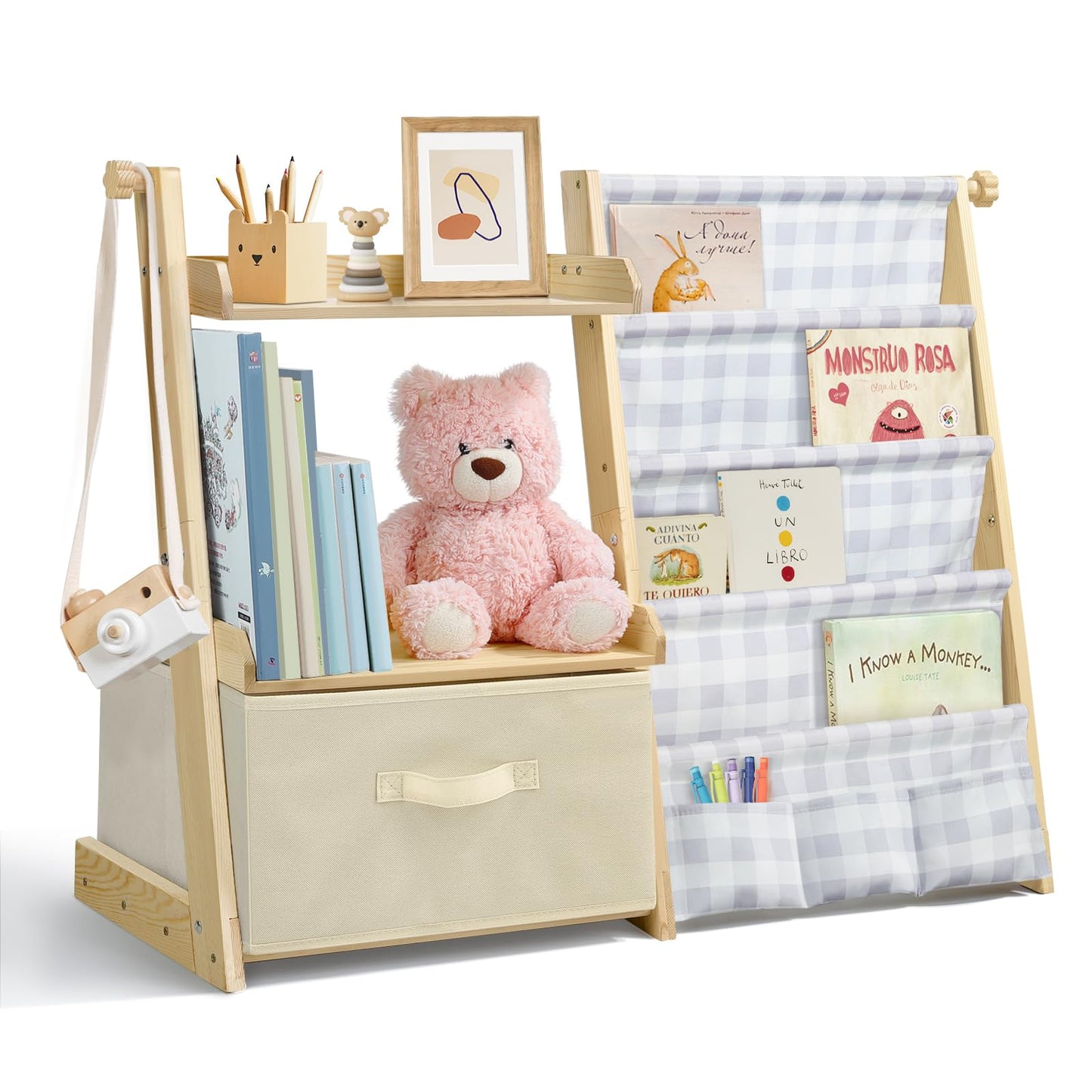Kids Bookshelf and Toy Storage, Montessori Wooden Children Bookcase and Toy Organizer, 4-tier Toddler Sling Book Shelf with a Large Storage Box for Nursery, Bedroom, Playroom (Terrazzo)