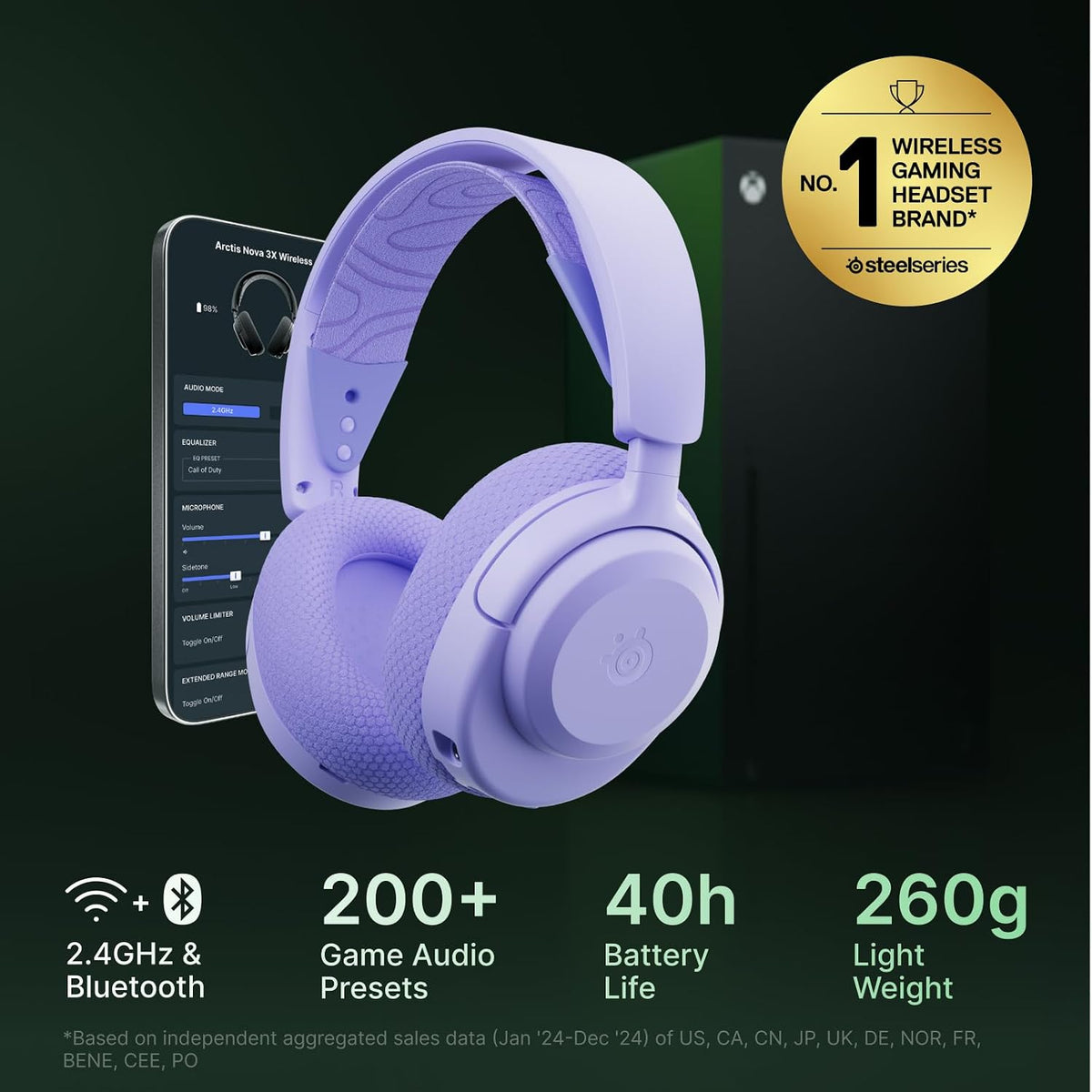 SteelSeries Arctis Nova 3X Wireless - Xbox Headset - Gaming Headset - Mobile App Control - 40 HR Battery with fast charging - Compatible with Xbox, PC, Switch and more - 2.4GHz/Bluetooth - Lavender