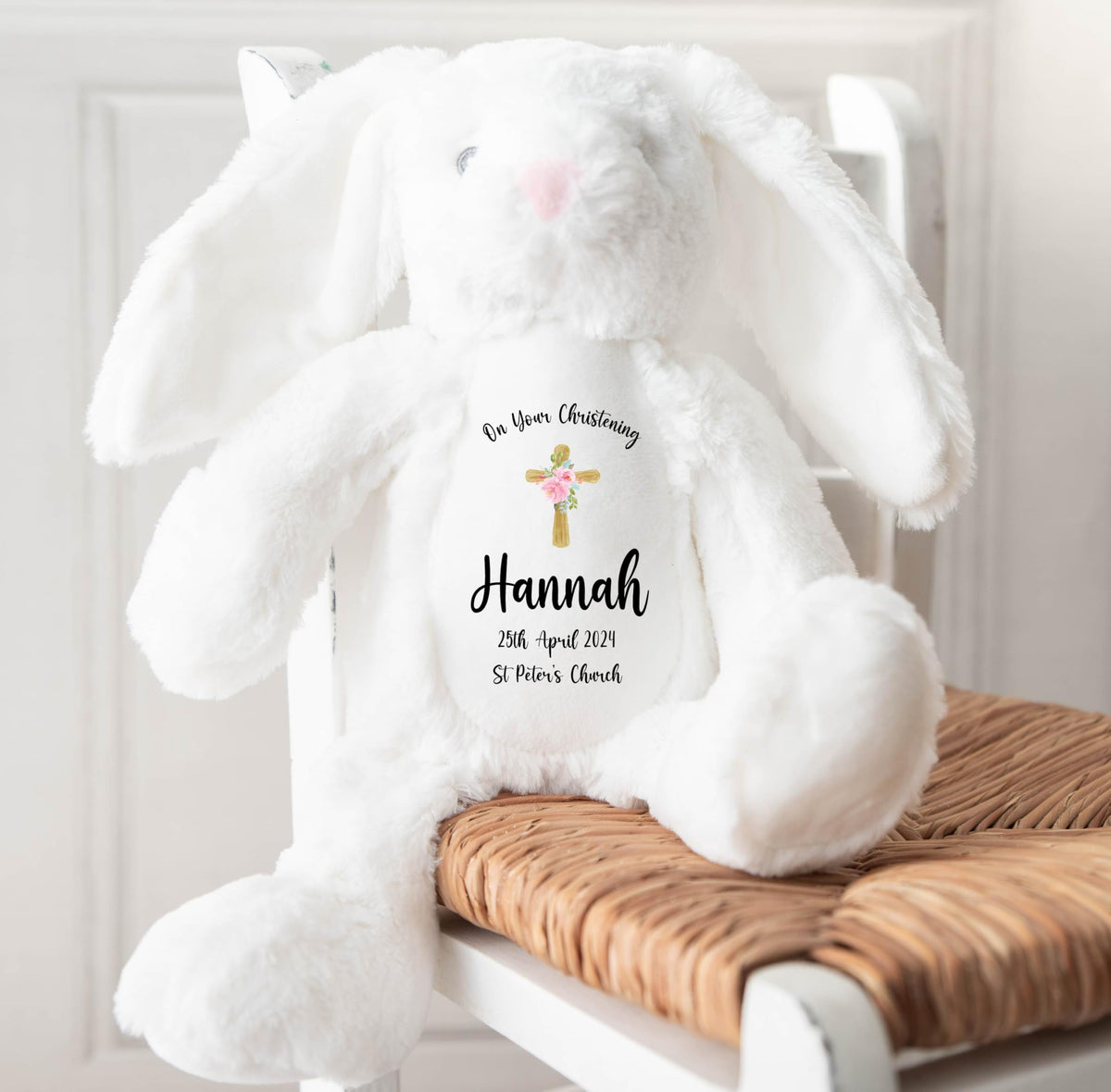 Crafted Memories - Personalised Bunny Rabbit | Custom Name & Date | Christening & Baptism Keepsake | Baby Girl & Boy | Soft Grey, White | Ideal 1st Birthday Present