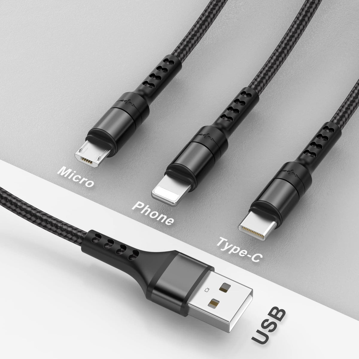 RAVIAD Multi Charger Cable 3 Packs 1.2M 3 in 1 Charging Cable Nylon Braided