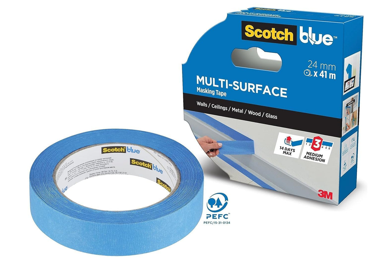 ScotchBlue Multi-Surface Premium Masking Tape, 24mm x 41m, 1 Roll/Pack - Scotch Adhesive Blue Painters Tape, For Painting and Decorating, Indoor & Outdoor, Sticks Well, 100% PEFC