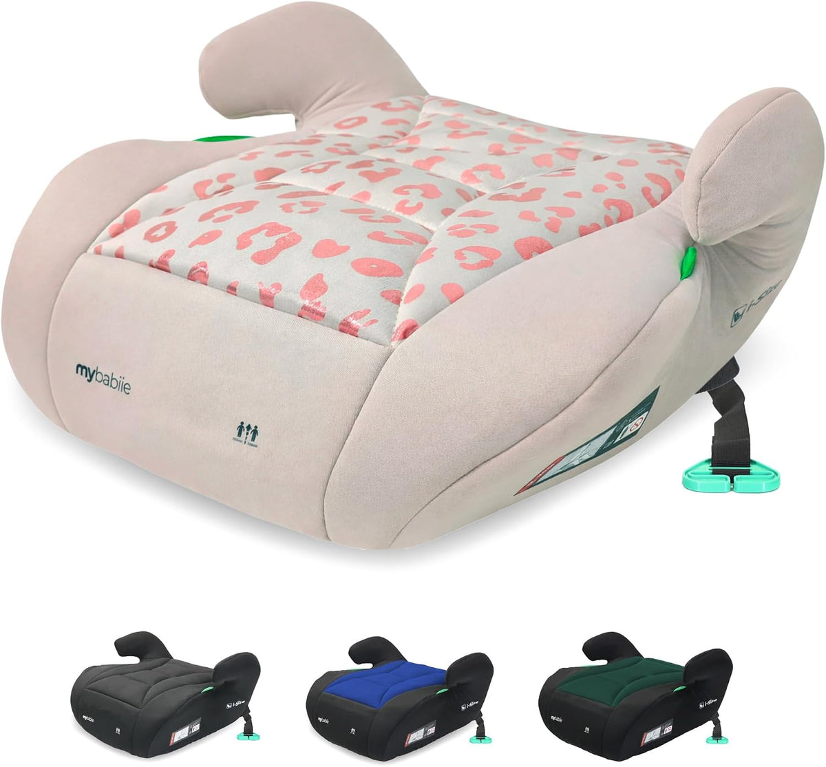 My Babiie MBCSB10 Booster Car Seat - Lightweight at 1kg, Approx. 6-12 Years (125-150cm, 22-36kg), R129, i-Size Backless Child Car Seat, Group 3, Compact, Portable, Ideal for Travel - Pink Leopard