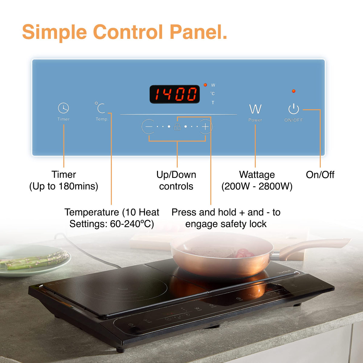 VonShef Single Induction Hob – 2000W Portable Induction Cooker w/LED Touch Display, 3 Hour Timer, 10 Heat Settings 60-240°C, Safety Lock - Black
